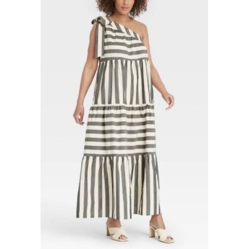 Who What Wear Tiered Maxi Dress Striped Gray Cream XL One Shoulder Cotton Resort